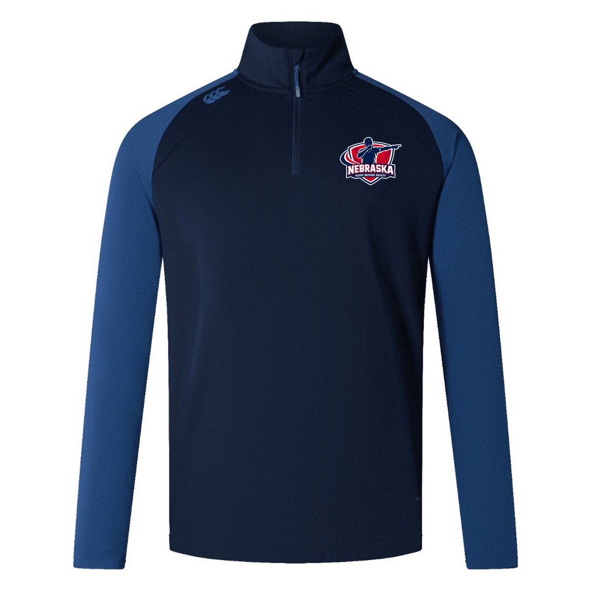 The Nebraska Rugby Referee Society Women's Elite First Layer by EMB Canterbury is a navy blue long-sleeve quarter-zip pullover with blue sleeves, a left chest rugby logo, and moisture-wicking VapoDri technology for comfort.