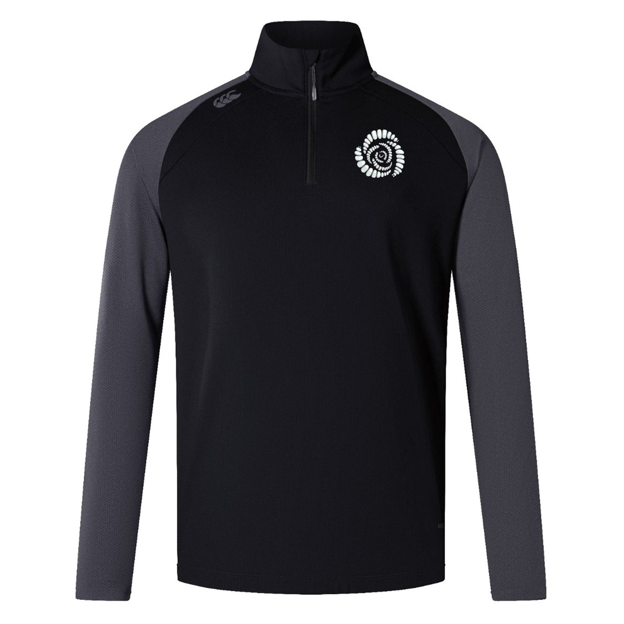 The Missoula All-Maggots Elite First Layer by EMB Canterbury is a black and gray long-sleeve quarter-zip athletic pullover featuring a white circular logo on the left chest and a small logo on the right shoulder. Designed as a rugby training top, this Canterbury layer incorporates VapoDri technology to keep you cool and comfortable during intense workouts.