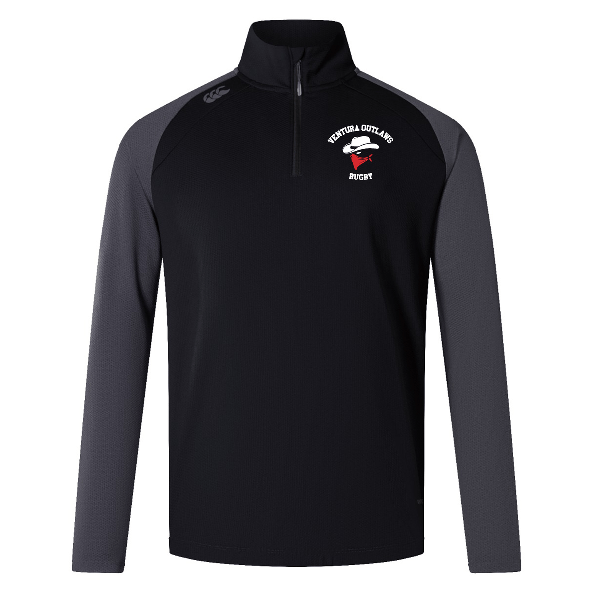 Introducing the EMB Canterbury Ventura Outlaws Rugby Elite First Layer quarter-zip pullover in black and gray, featuring "Ventura Outlaws Rugby" with a red and white logo on the chest—perfect for ideal training attire.