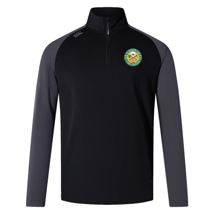 Introducing the Blackthorn Barbarians Inclusive Rugby Women's Elite First Layer by EMB Canterbury, a long-sleeve quarter-zip shirt in black and gray, made with honeycomb fabric and featuring a green and yellow emblem on the chest for added style.