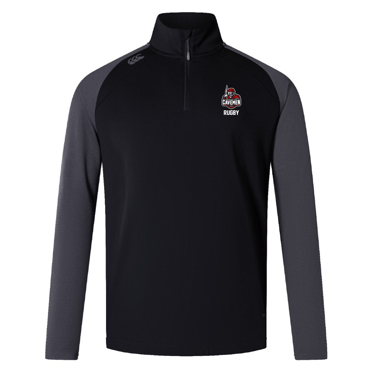 The American Fork Cavemen Women's Elite First Layer by EMB Canterbury is a black and gray long-sleeve rugby pullover with the "Cavemen Rugby" logo on the chest, featuring a quarter-zip collar and VapoDri technology for optimal performance.