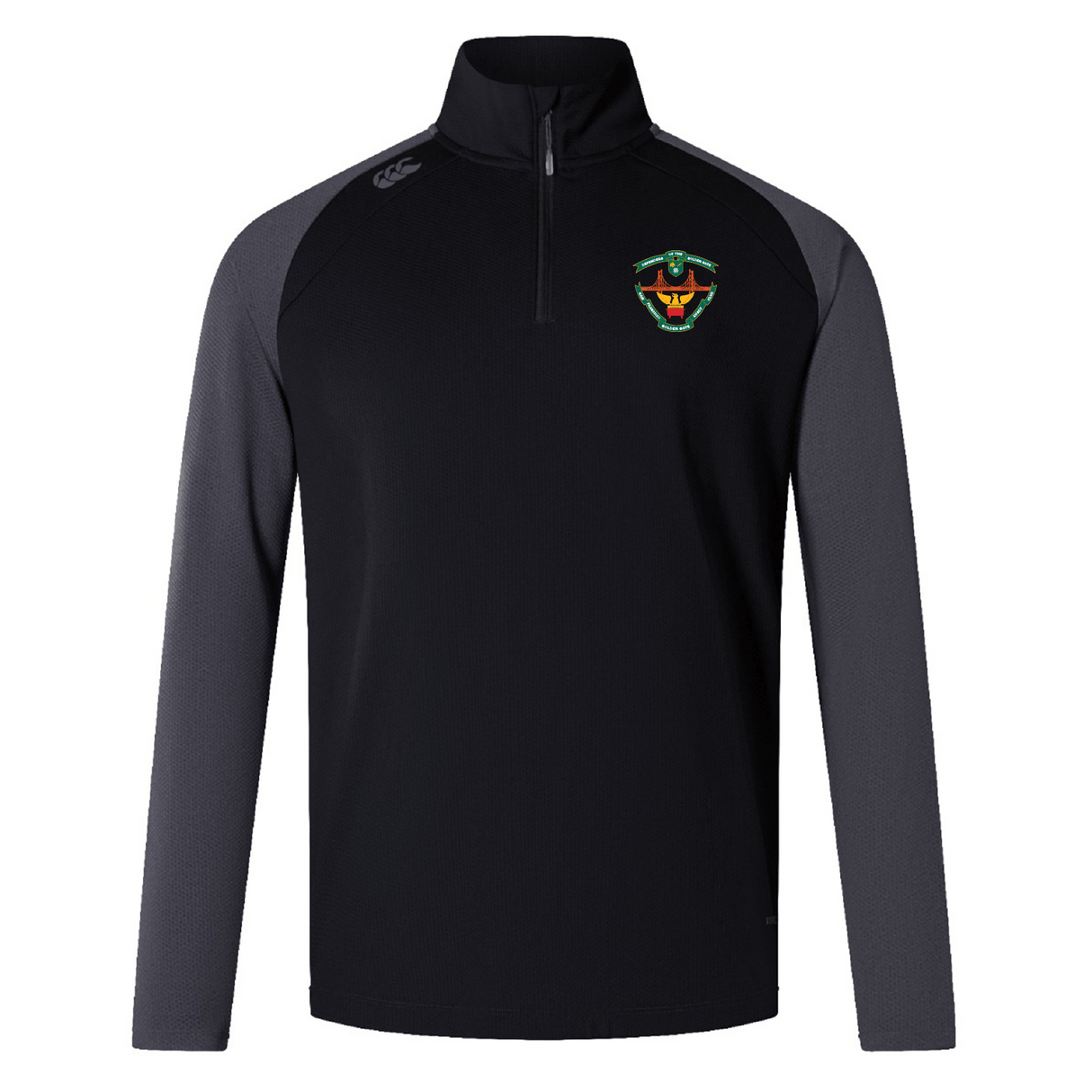 The San Francisco Golden Gate Women's Elite First Layer by EMB Canterbury is a black and gray long-sleeve shirt featuring VapoDri technology, made from recycled polyester, with a quarter-zip front and green embroidered chest logo.