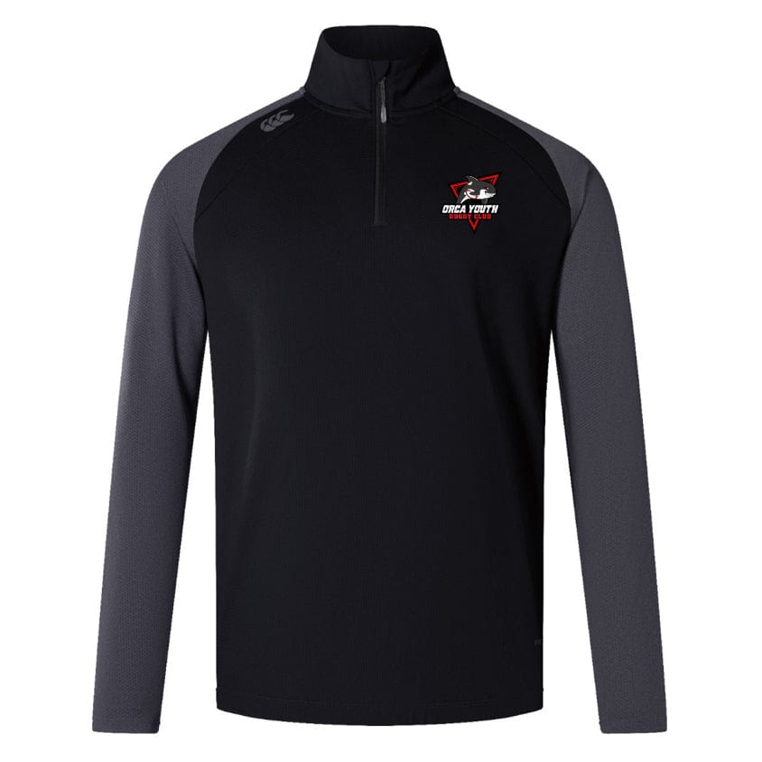 The Orca Youth Women's Elite First Layer by EMB Canterbury is a black and gray long-sleeve athletic top that features VapoDri technology, a quarter-zip collar, and a logo on the left chest. It is crafted from polyester honeycomb fabric to enhance breathability.
