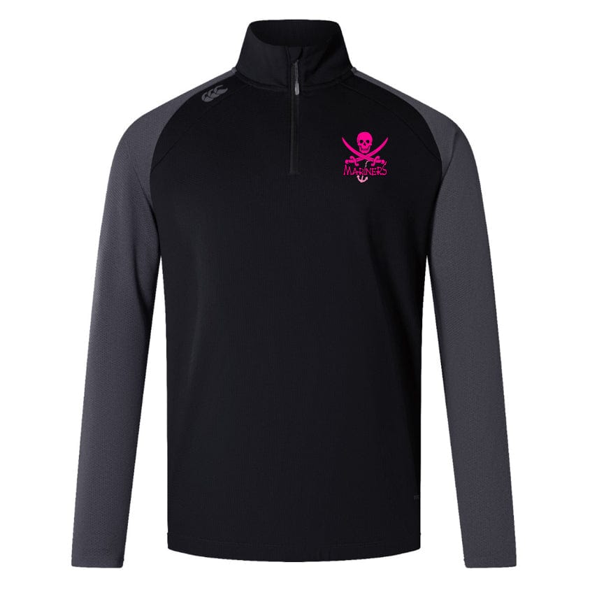 The SUNY Maritime Women's Elite First Layer by Canterbury, designed by EMB Canterbury, features long sleeves in black and gray with a pink skull and crossbones logo on the chest. Made from honeycomb fabric, it includes VapoDri technology to ensure you stay cool and dry during intense workouts.