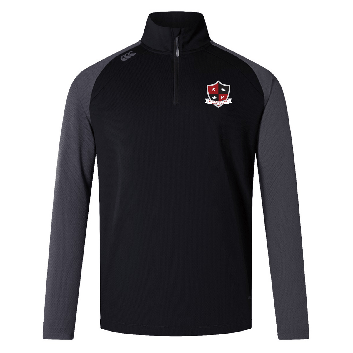 Check out the EMB Canterbury Southern Pines Youth Rugby Elite First Layer: a black/gray quarter-zip pullover featuring a red and white chest crest. With long sleeves and a high collar, it's ideal for comfortable training attire.