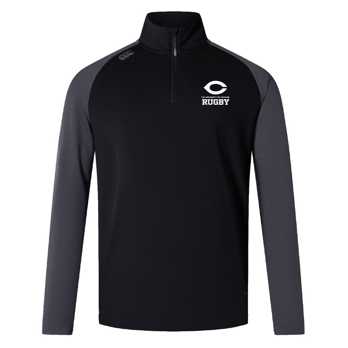 The University of Chicago Women's Elite First Layer by EMB Canterbury is a black and gray long-sleeve rugby pullover crafted from honeycomb fabric with VapoDri technology, featuring a quarter zip and a team logo on the chest for a sporty touch.