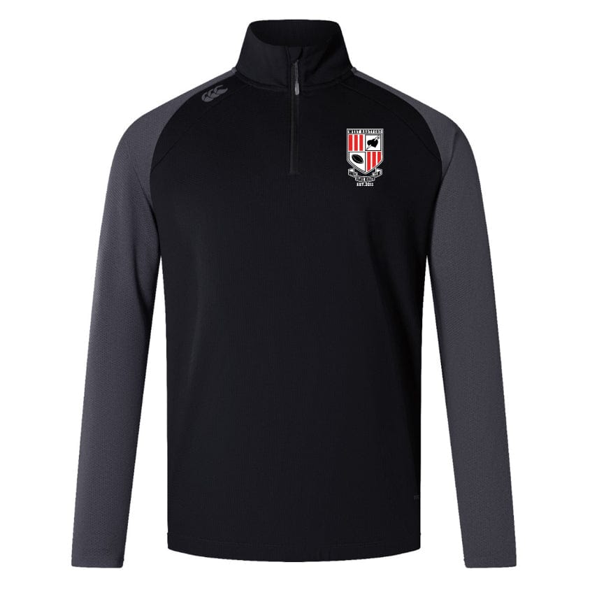 Enjoy comfort and style with the West Hartford Rugby Women's Elite First Layer by EMB Canterbury. This sports top, made from black and grey honeycomb fabric, features a half-zip design with a red and white embroidered chest badge, ideal for performance-driven individuals.