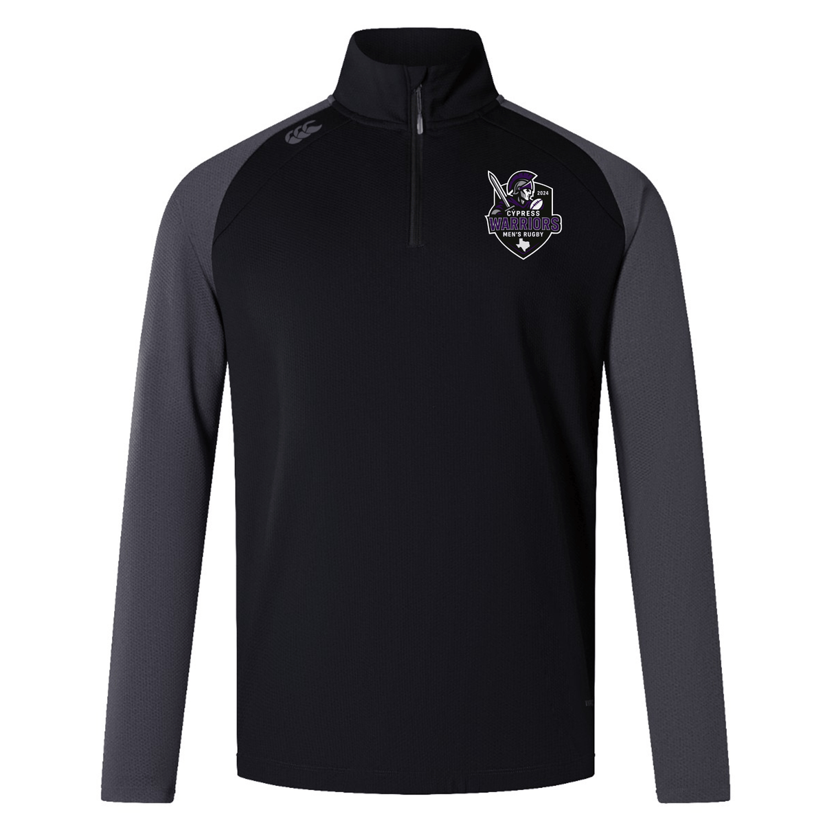 The Cypress Warriors Men's Rugby Elite First Layer by EMB Canterbury is a black and dark gray top with VapoDri tech, a stylized bird and shield logo on the left chest, and a small brand logo on the right shoulder.