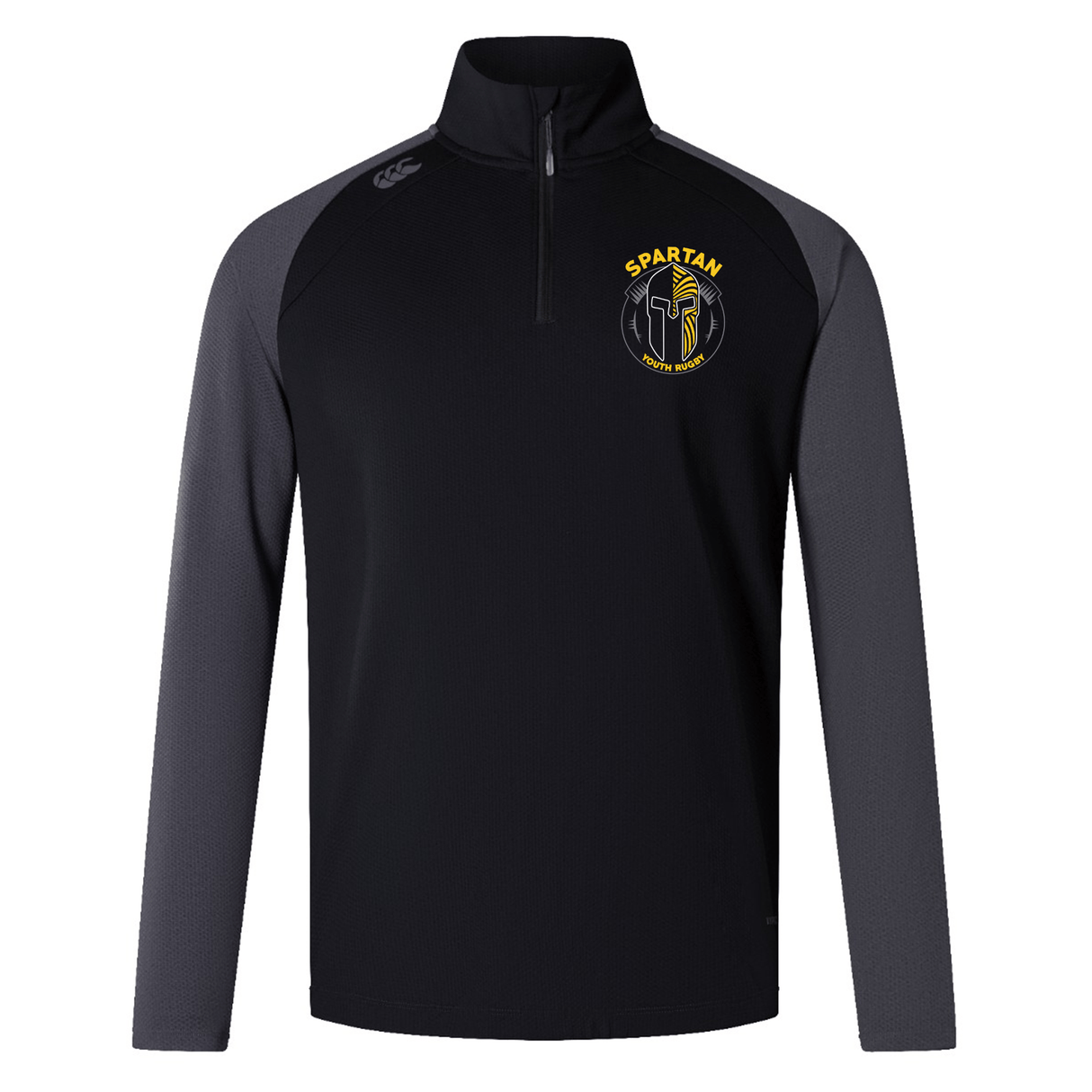 The Spartan Youth Rugby Elite First Layer by EMB Canterbury is a black and dark gray long-sleeve training top with a quarter zip and yellow Spartan logo, designed for comfort and performance.