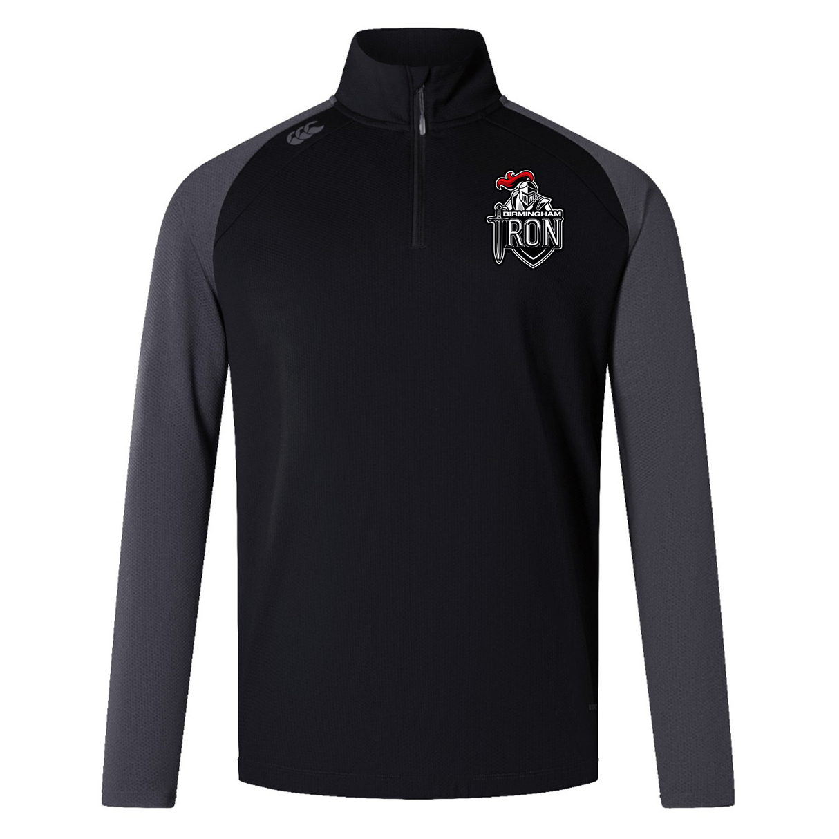 The Birmingham Iron Women's Football Elite First Layer by EMB Canterbury is a black and dark gray long-sleeve quarter-zip top with a red rooster "Iron" shield logo, crafted in Canterbury style with advanced VapoDri technology for comfort.