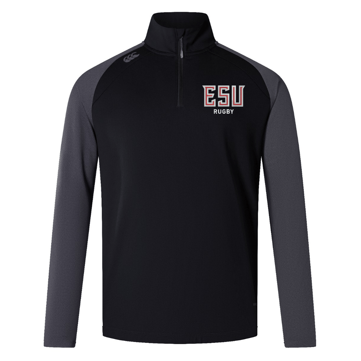 The EMB Canterbury East Stroudsburg University Elite First Layer is a black and dark gray long-sleeve top featuring "ESU Rugby" on the left chest, logo on the right shoulder, and VapoDri tech for comfort during workouts.