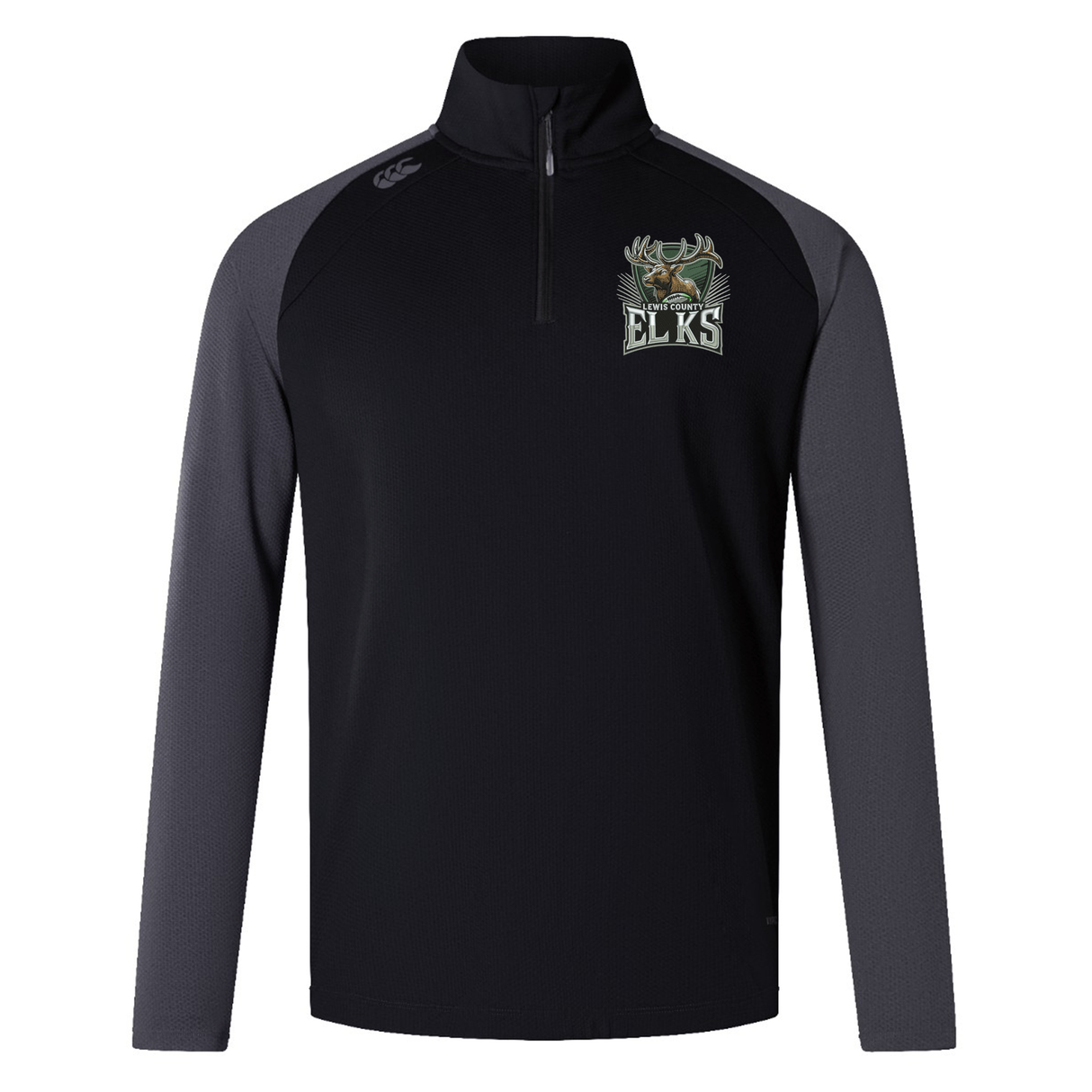 The Lewis County Elks Elite First Layer by Canterbury is a black and dark gray quarter-zip long-sleeve pullover from EMB Canterbury, featuring an “Elks” logo with a moose head on the left chest. Inspired by rugby training tops, this lightweight pullover incorporates VapoDri technology to keep you cool and dry during any activity.