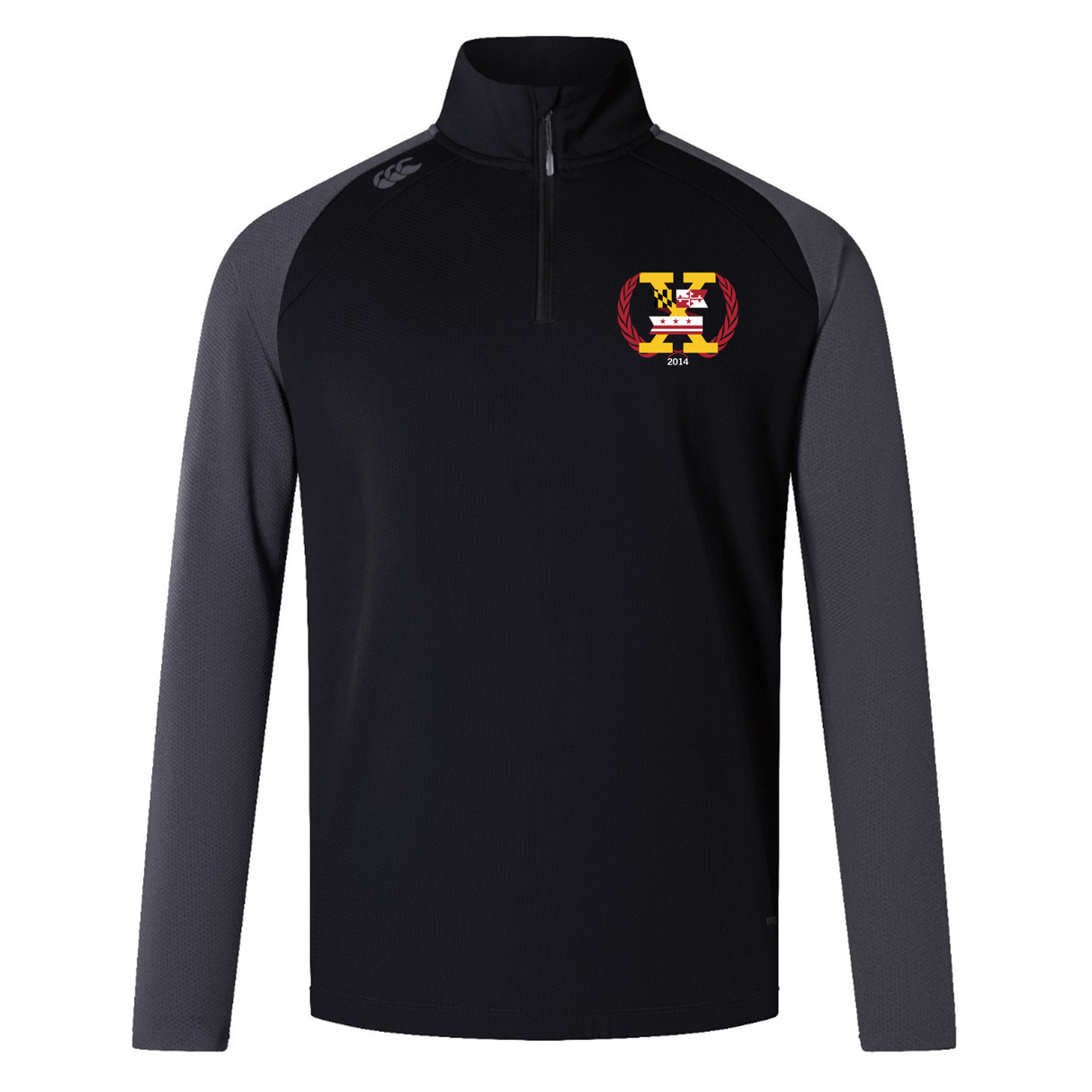The Potomac Exiles Rugby Club Elite First Layer by Canterbury from EMB Canterbury is a black and dark gray long-sleeve quarter-zip rugby training top, showcasing a vibrant crest on the left chest and a logo on the right shoulder. Engineered as Canterbury's Elite First Layer, it features advanced VapoDri technology for exceptional comfort and moisture management during high-intensity sessions.