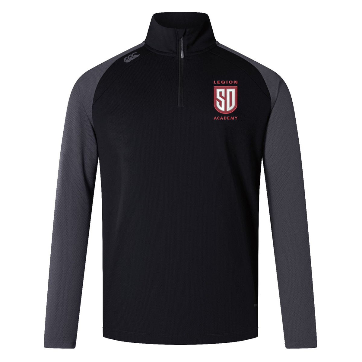 Black and grey Legion Academy Elite First Layer long-sleeve quarter-zip pullover with a Legion Academy SD logo on the chest.