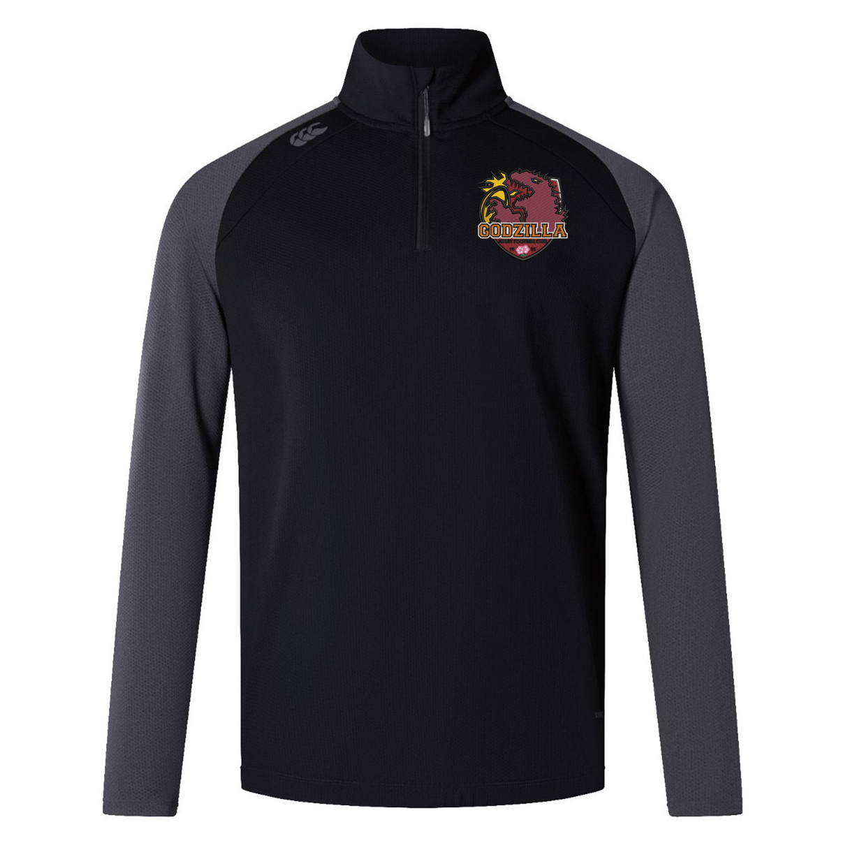 The EMB Canterbury Godzilla Rugby Football Club Elite First Layer is a black and gray long-sleeve quarter-zip pullover featuring VapoDri technology for enhanced moisture management, complete with a maroon and yellow gorilla logo and “GORILLAS” text on the left chest—ideal as a rugby training top or stylish base layer.