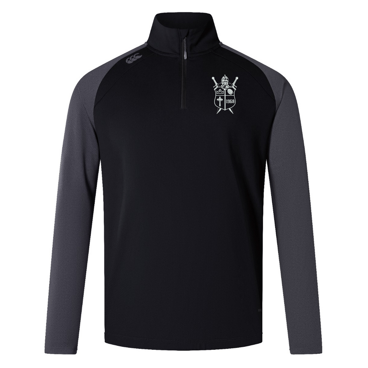 Black and dark gray long-sleeve quarter-zip Cal Lutheran University Elite First Layer by Canterbury pullover with a university crest logo on the chest.
