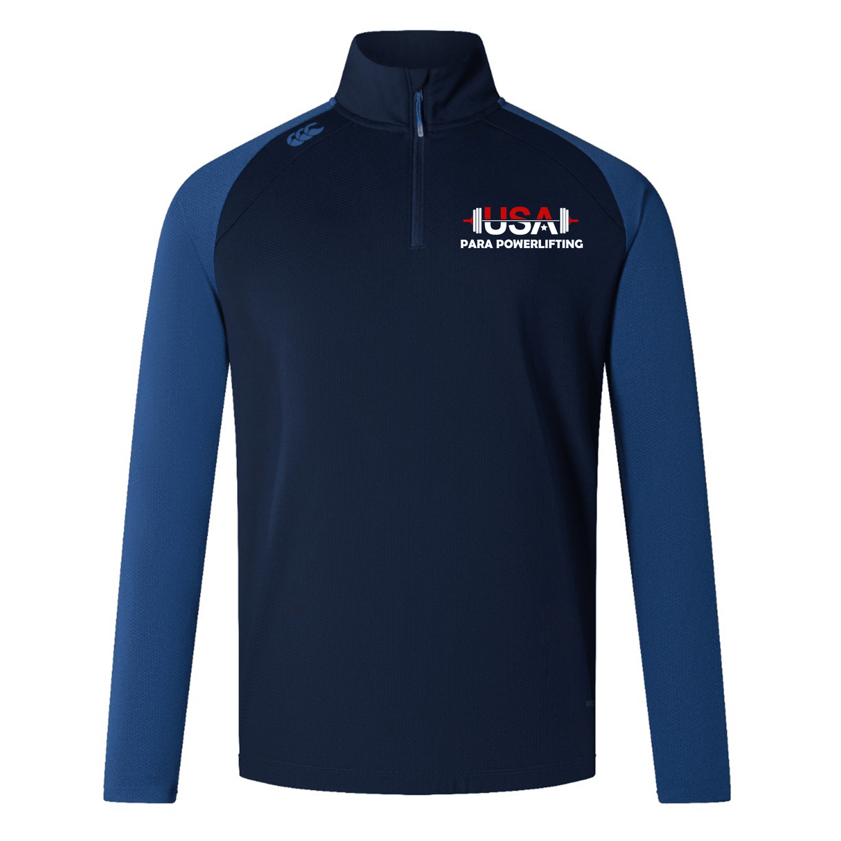 The EMB Canterbury USA Para Powerlifting Elite First Layer is a navy athletic pullover with dark blue sleeves, quarter-zip collar, VapoDri moisture control, and "USA Para Powerlifting" logo on the chest—ideal for training.