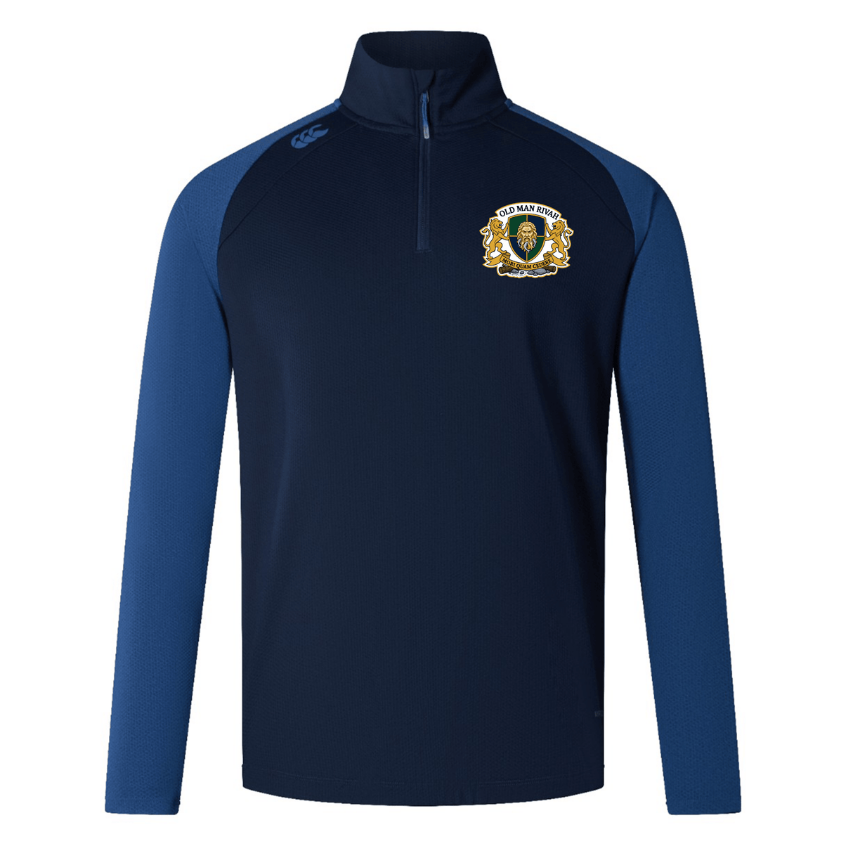 The Old Man Rivah Rugby Elite First Layer by EMB Canterbury is a navy blue long-sleeve quarter-zip training top with VapoDri tech, royal blue sleeves, and a lion-and-shield crest on the left chest.