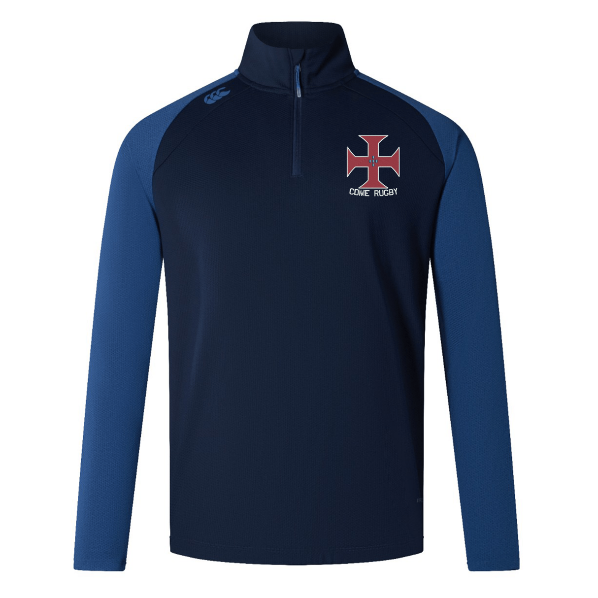 Introducing the SF CDME Rugby Elite First Layer by Canterbury—a long-sleeve navy and blue pullover from EMB Canterbury featuring a quarter-zip, bold red and white cross emblem, and "CDME RUGBY" lettering on the left chest. Engineered with VapoDri technology for superior moisture management, this versatile rugby training top ensures you stay cool and comfortable both on and off the pitch.