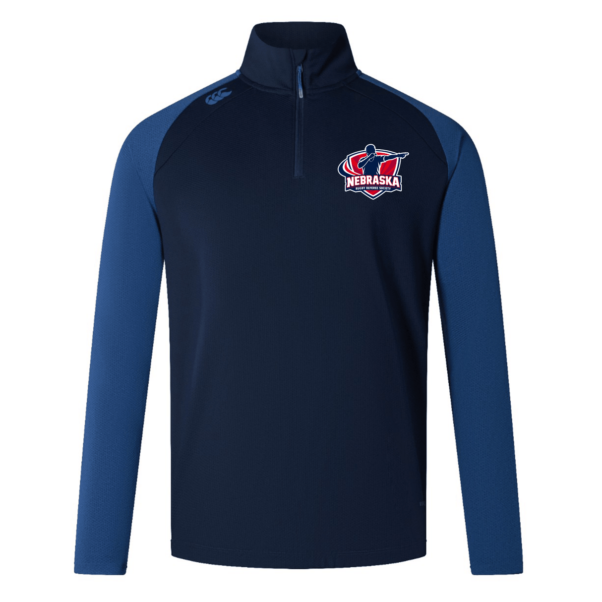 The EMB Canterbury Nebraska Rugby Referee Society Elite First Layer is a navy long-sleeve quarter-zip training top with VapoDri technology and the Nebraska Rugby logo on the left chest.