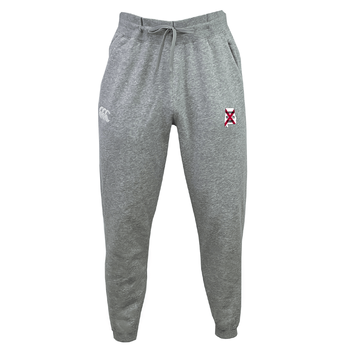 The University of Alabama Rugby Leisure Sweatpant by EMB Canterbury features gray sustainable fabric with recycled polyester fleece, a drawstring waist, a logo on the left thigh, and a red and white emblem on the right thigh.