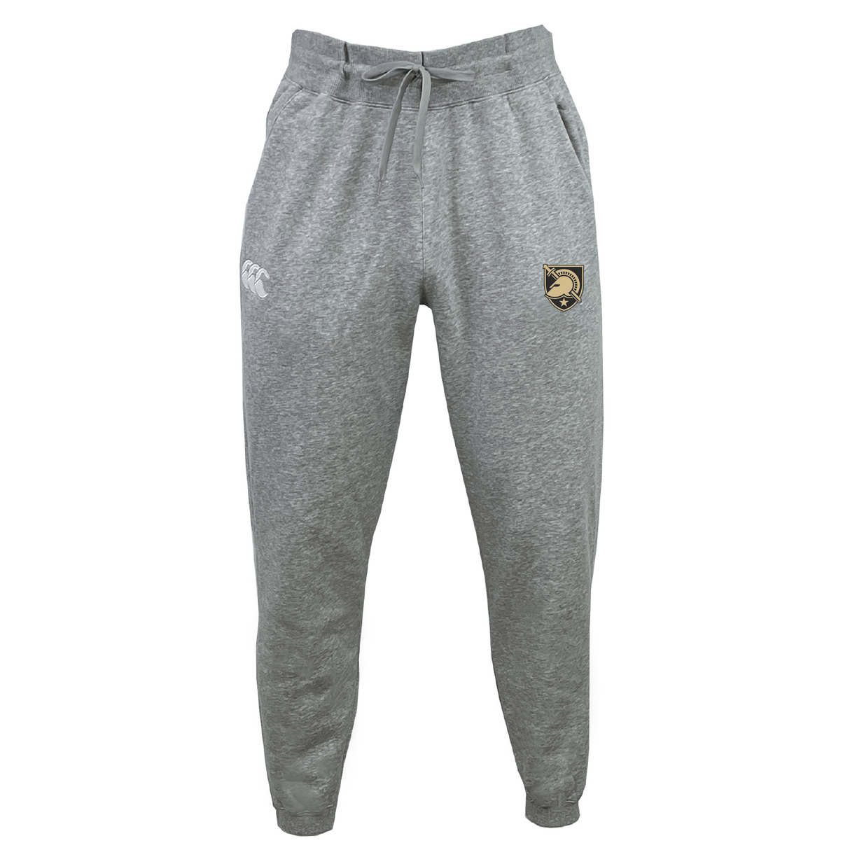 The West Point Leisure Sweatpant by EMB Canterbury is crafted from sustainable fabric and includes an adjustable drawstring waist, featuring a Canterbury logo on the right thigh.