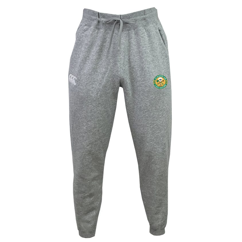 The Blackthorn RFC Leisure Sweatpant by EMB Canterbury is crafted from recycled polyester and features a drawstring waistband, along with a green-and-yellow logo on the right thigh.