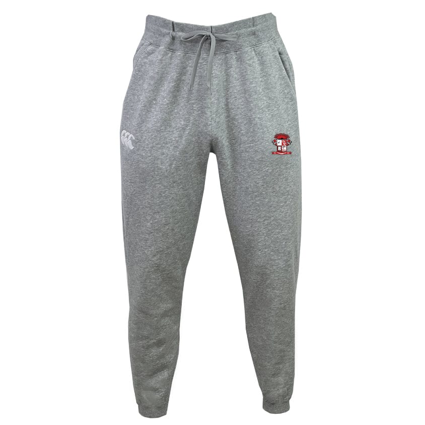 The Battleship Women's Rugby Leisure Sweatpant by EMB Canterbury is made from recycled polyester fleece and features a drawstring waist, a logo on the right thigh, and a crest on the left.