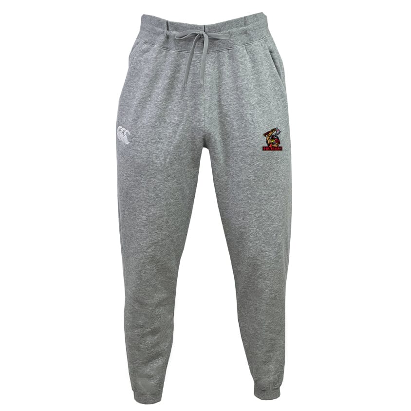 The Berserkers Leisure Sweatpant by EMB Canterbury is designed in gray and made from organic cotton, featuring a drawstring waist and two embroidered logos on the front.