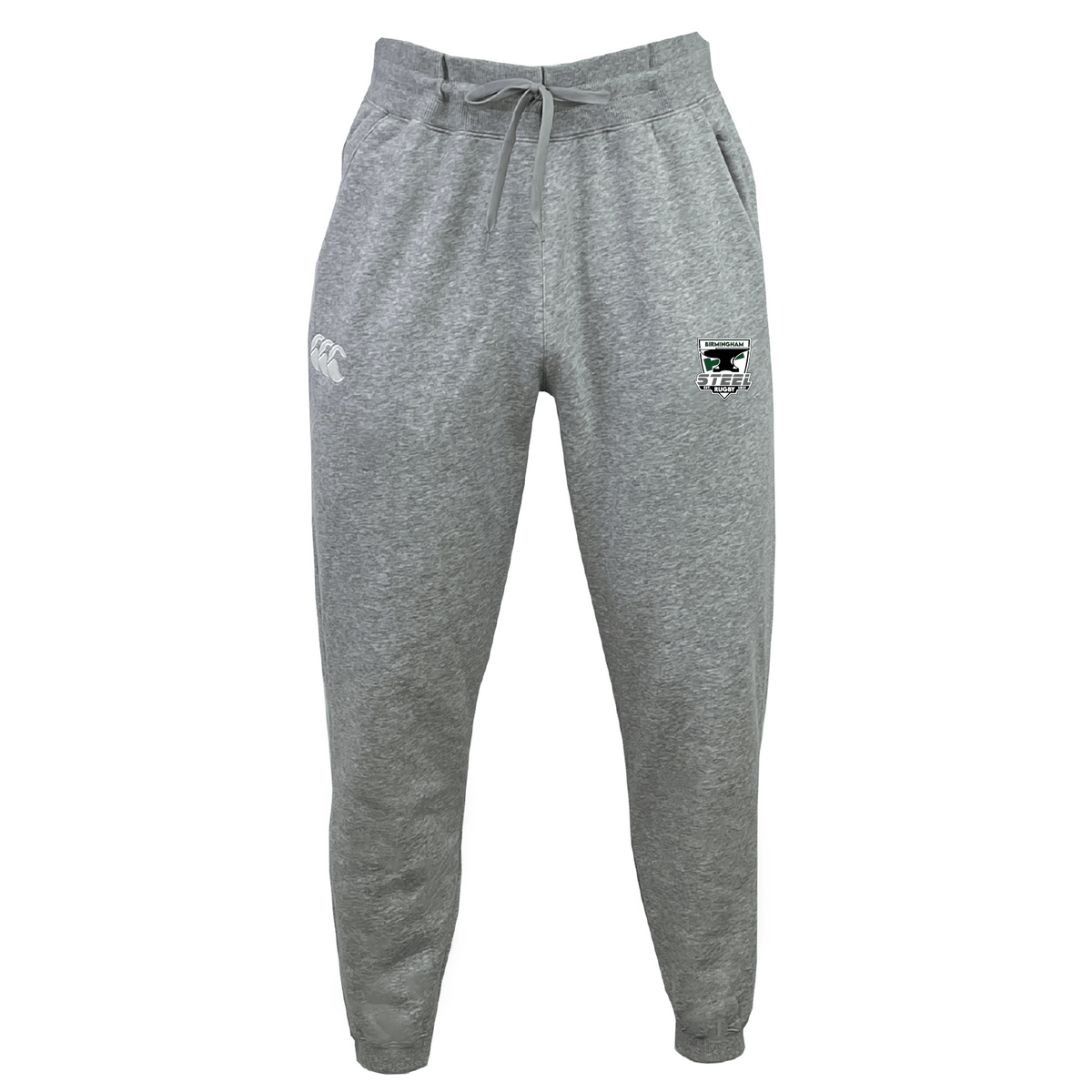 The Birmingham Steel Rugby Leisure Sweatpant by EMB Canterbury are gray sweatpants made from organic cotton, featuring a drawstring waist, a logo on the left thigh, and a small emblem on the right pocket area.