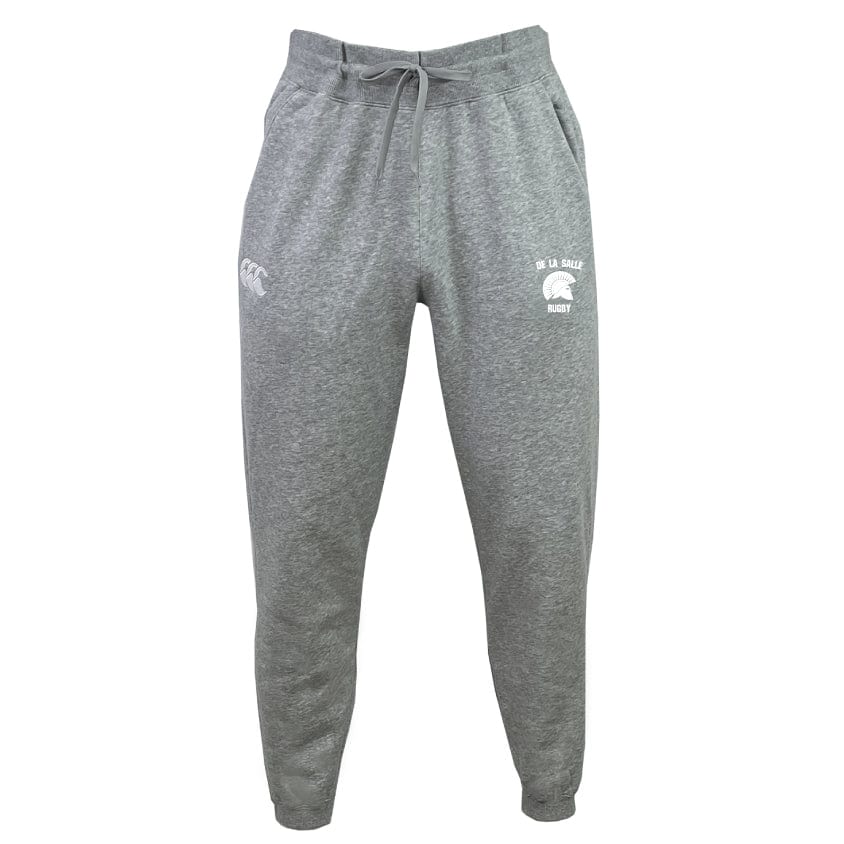 The De La Salle Women's Leisure Sweatpant by EMB Canterbury in gray, made from soft organic cotton, includes an elastic waistband, adjustable drawstring, and a subtle logo on the left thigh. Perfect for rugby training or lounging comfortably.