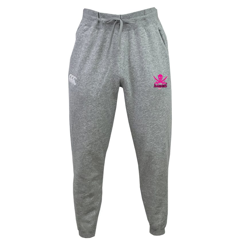 The SUNY Maritime Leisure Sweatpant by EMB Canterbury in gray features a drawstring waist and is crafted from recycled polyester, showcasing white and pink logos on the front.