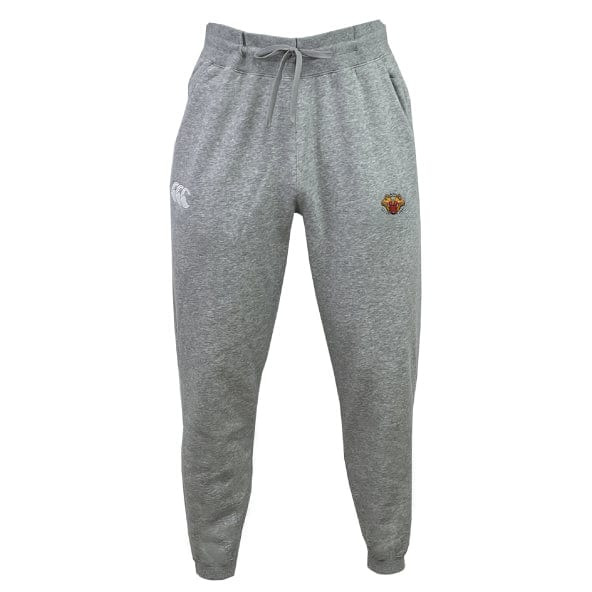 The Wiregrass Rugby Leisure Sweatpant by Canterbury, from EMB Canterbury, is made of soft organic cotton and includes an elastic waistband with a drawstring. It features a small embroidered logo on one side and the distinctive Canterbury logo on the other.