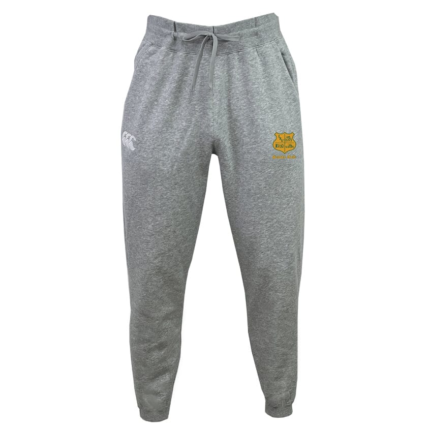The Illinois State University Leisure Sweatpant by EMB Canterbury is designed in gray with a drawstring waist, made from recycled polyester, and features a small white logo on the left side along with a yellow embroidered crest on the right.