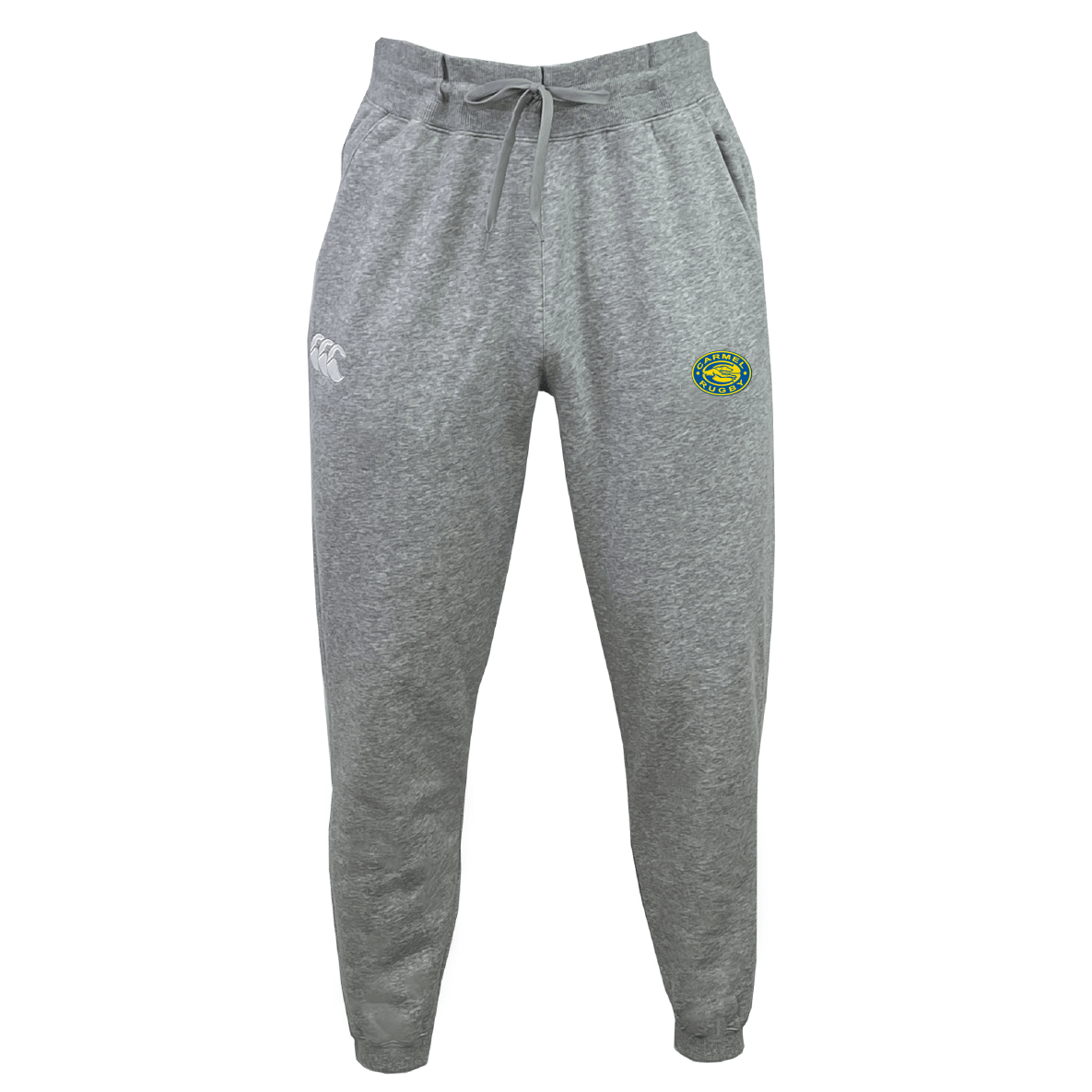 The Carmel Rugby Leisure Sweatpant by EMB Canterbury is made from sustainable fabric, featuring a drawstring waist and elastic cuffs. It displays a small white logo on the left thigh and a colorful circular logo on the right, combining style with comfort.