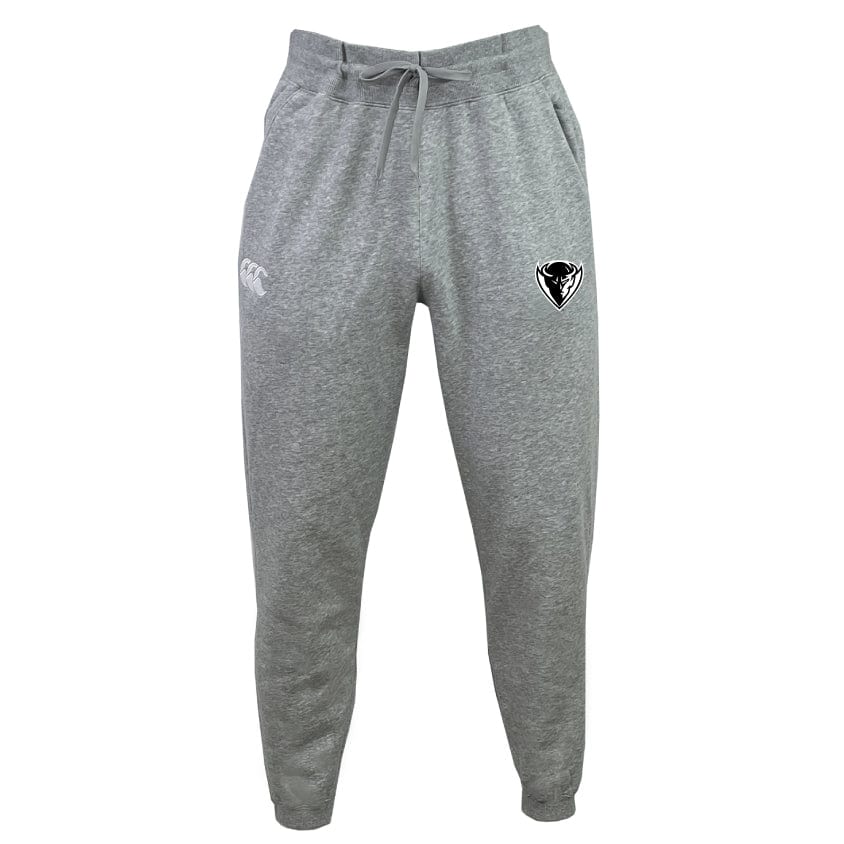 The DePaul University Leisure Sweatpant by EMB Canterbury is made from recycled polyester and features an elastic waistband with a drawstring. It includes a logo on the left thigh and a small emblem on the right thigh.