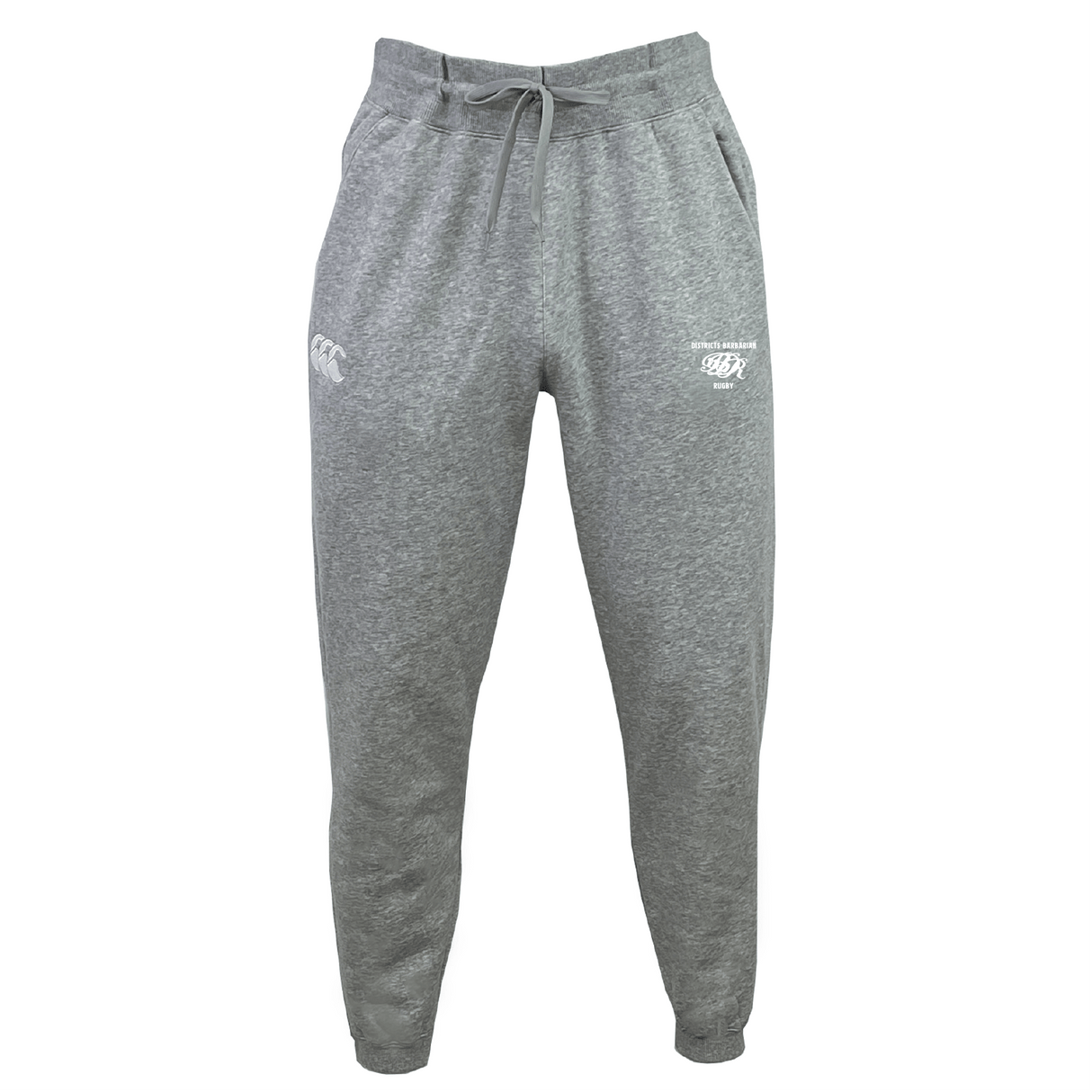 Districts Barbarian RFC Leisure Sweatpant by EMB Canterbury, crafted from recycled polyester, features elastic cuffs, a drawstring waist, and small white logos on the thighs.