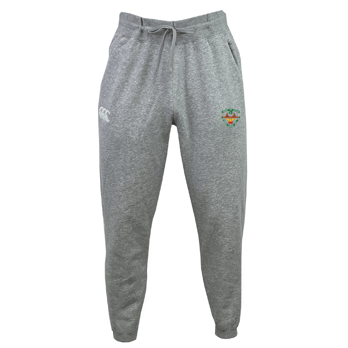The San Francisco Golden Gate Leisure Sweatpant by EMB Canterbury are gray athletic sweatpants made from recycled polyester, featuring a drawstring waistband, a logo on the right thigh, and a small emblem on the left.