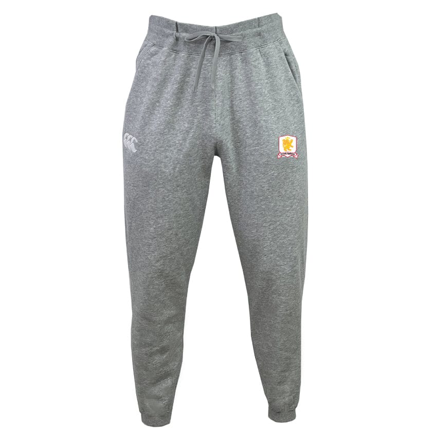 The Hartselle Highlanders Leisure Sweatpant by EMB Canterbury, offered in gray, showcases a drawstring waist with the logo on the left thigh and an emblem on the right. Made from organic cotton, it ensures comfort and style.