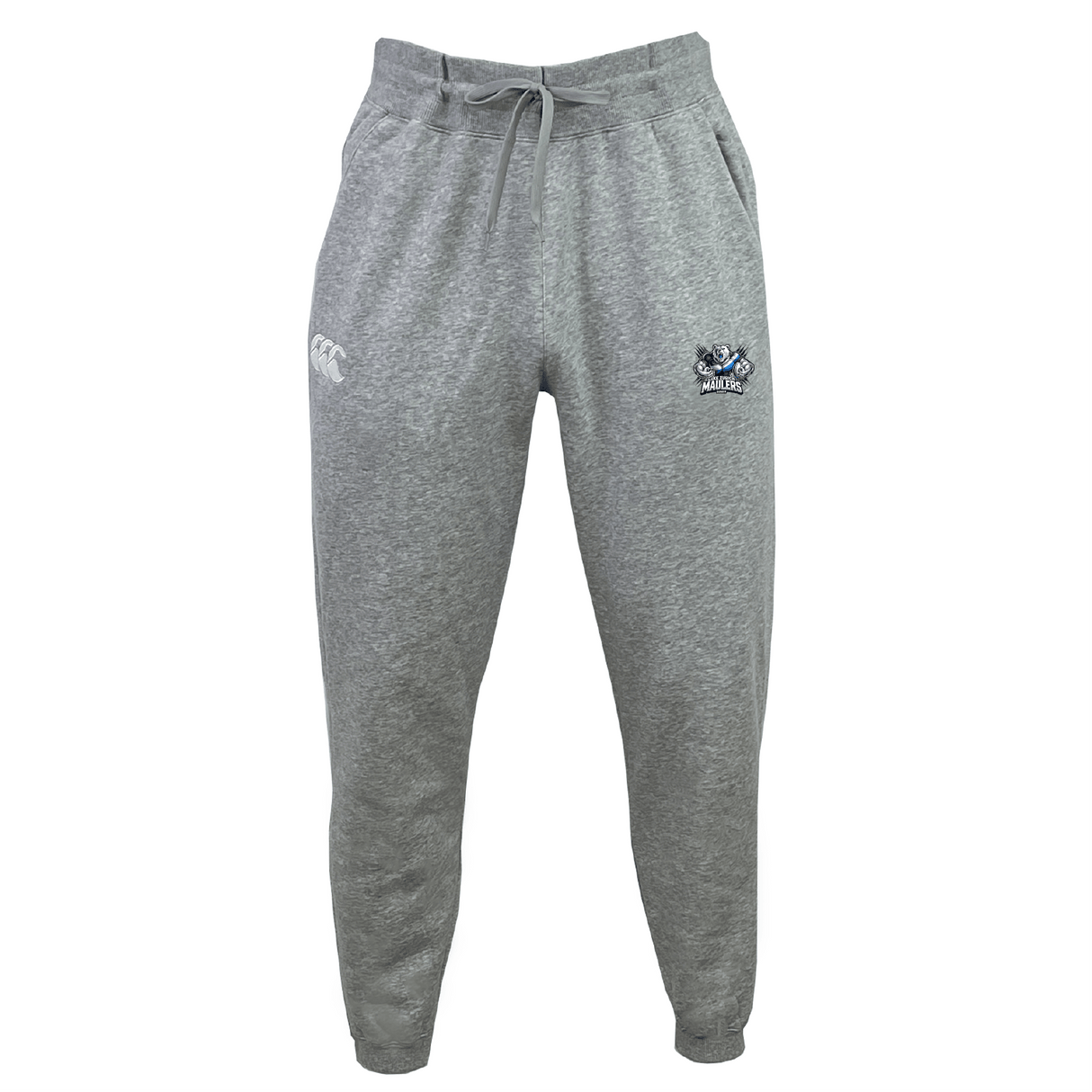 The Lake Zurich Leisure Sweatpant by Canterbury from EMB Canterbury are gray athletic sweatpants crafted from recycled polyester fleece. They include a drawstring waistband, a logo on the left thigh, and a small emblem on the right thigh.
