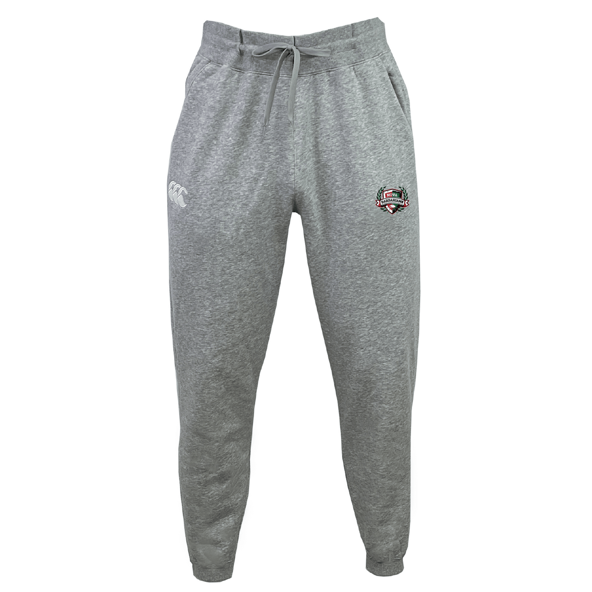 The NOVA Barbarians Leisure Sweatpant by EMB Canterbury is made from organic cotton and features a drawstring waistband. It blends style, comfort, and sustainability with a logo on the right thigh and an emblem on the left.