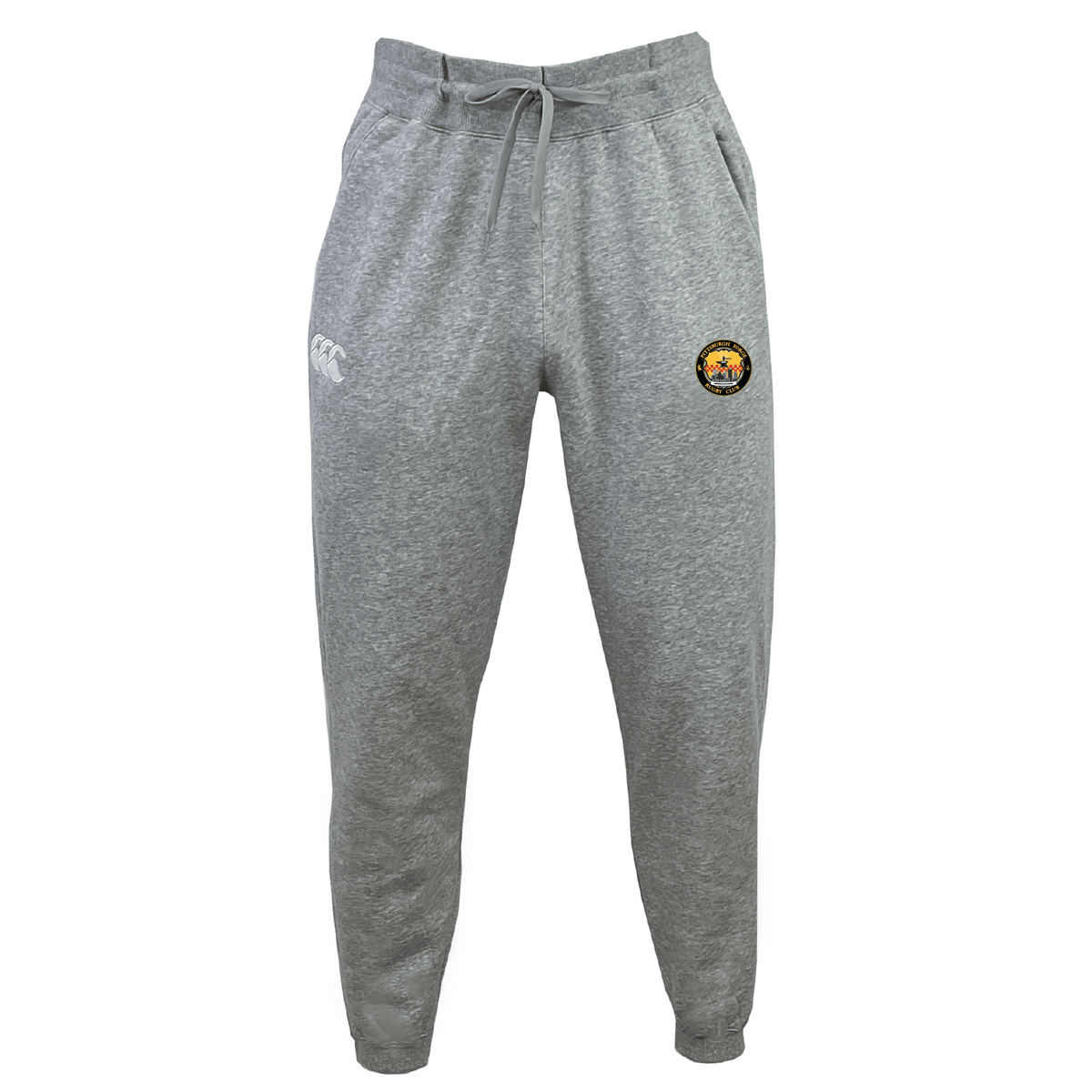 The Pittsburgh Forge Leisure Sweatpants by EMB Canterbury are gray and made from organic cotton, featuring a drawstring waist and two logos on the front.