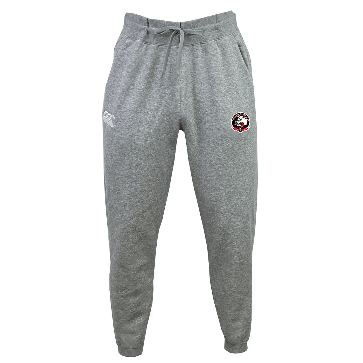 Portland Rugby Leisure Sweatpant by EMB Canterbury, crafted from recycled polyester fleece in gray, includes a drawstring waistband, with a logo on the left leg and a small emblem on the right.