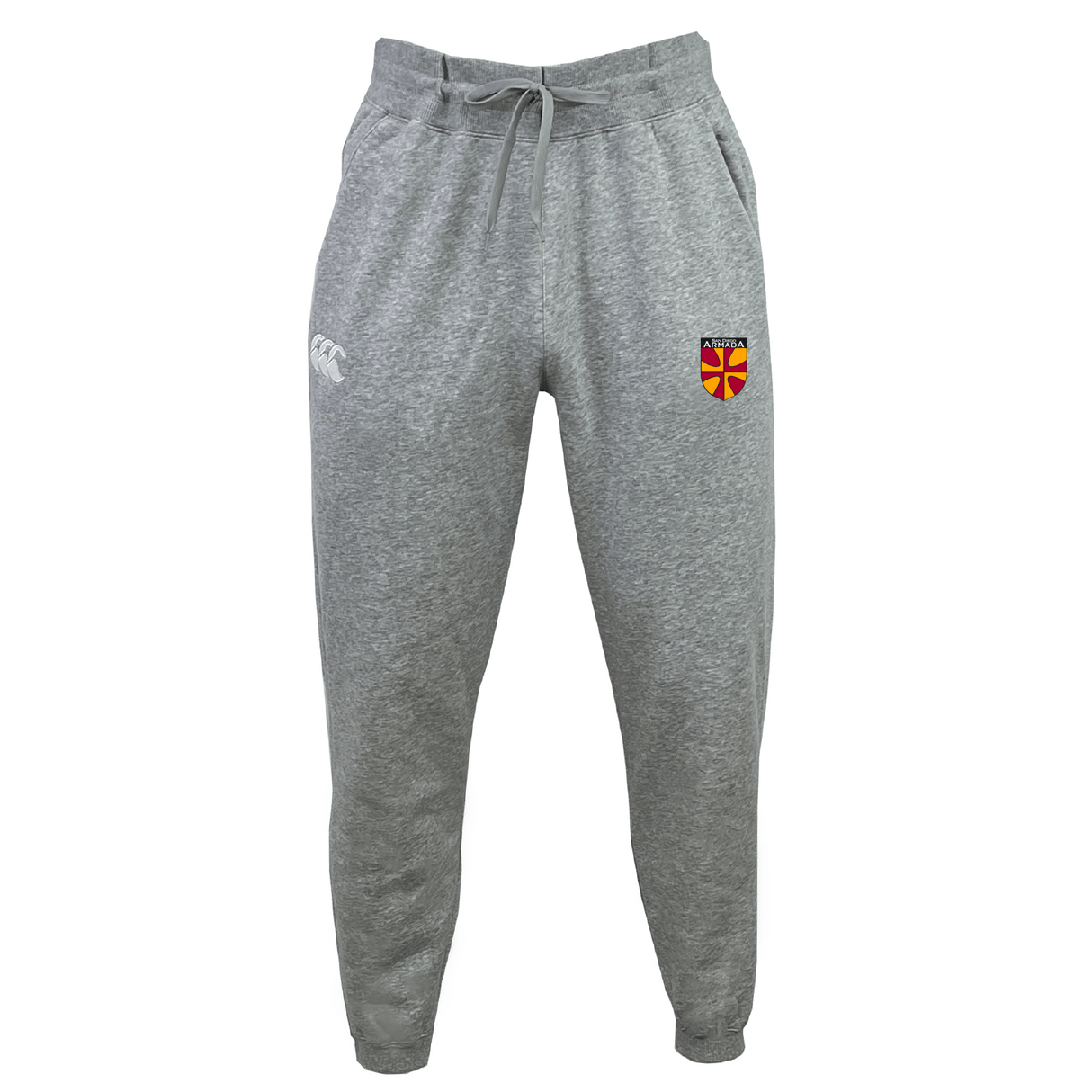 The San Diego Armada Rugby Leisure Sweatpant by EMB Canterbury features a drawstring waist, crafted from organic cotton, with a small red and yellow emblem on the right thigh and a white logo on the left thigh.