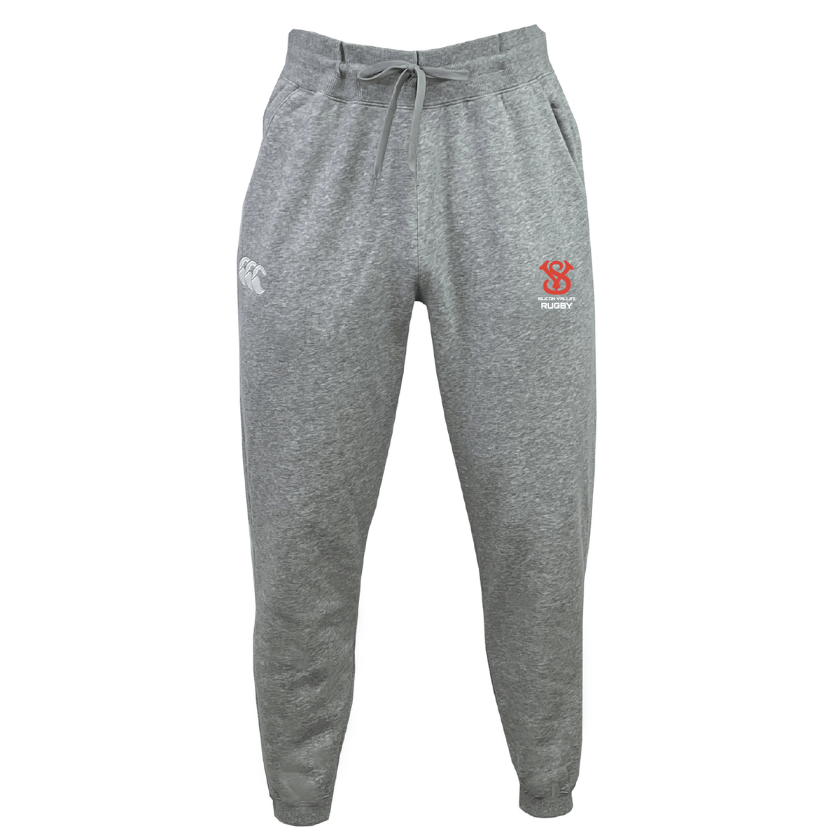 The Silicon Valley Leisure Sweatpant by EMB Canterbury is made from organic cotton and features a drawstring waist. It showcases a white Canterbury logo on the left and a red crest on the right side, delivering both comfort and style.
