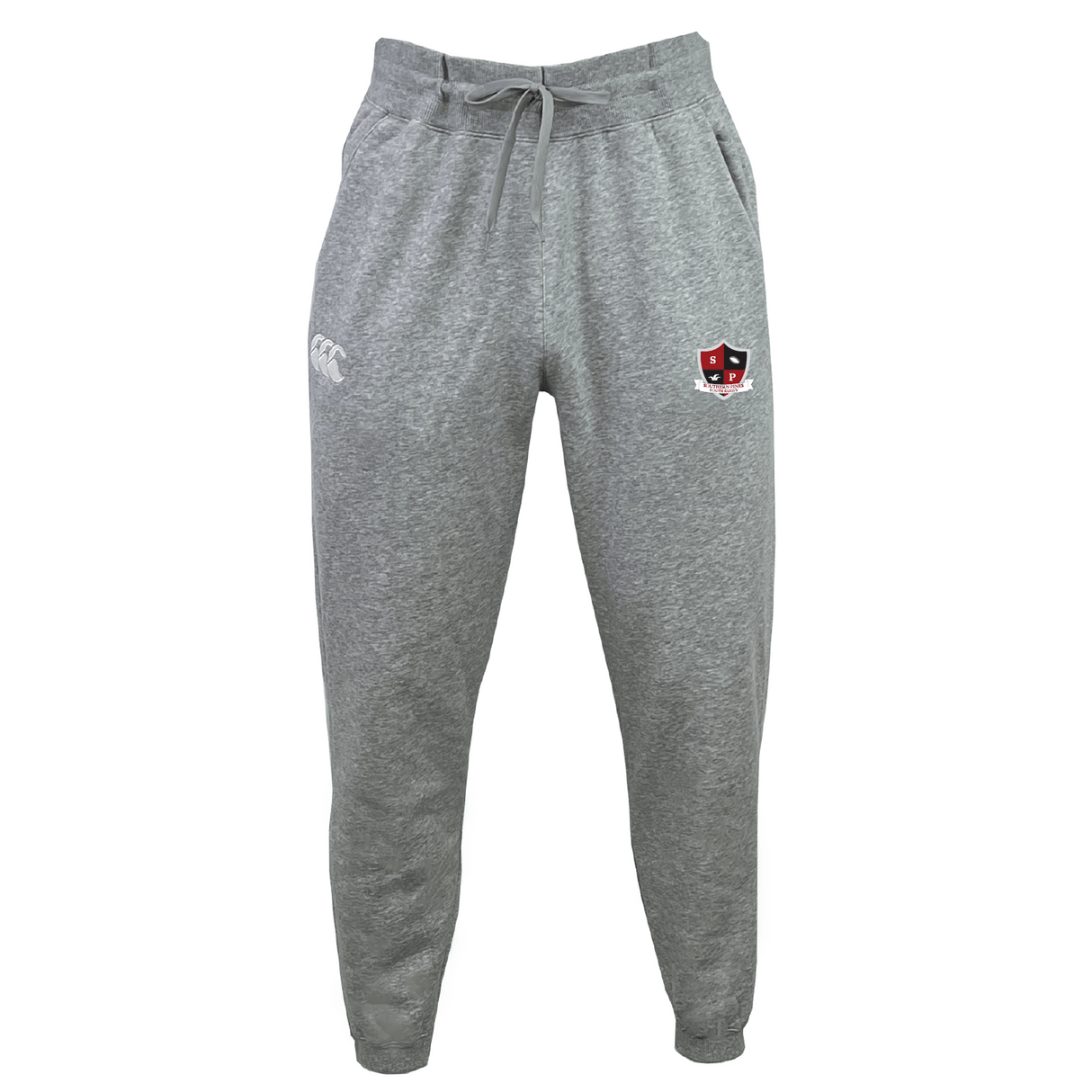 The Southern Pines Youth Rugby Leisure Sweatpant by EMB Canterbury features a sustainable, organic cotton design with a drawstring waist and logos on both thighs.