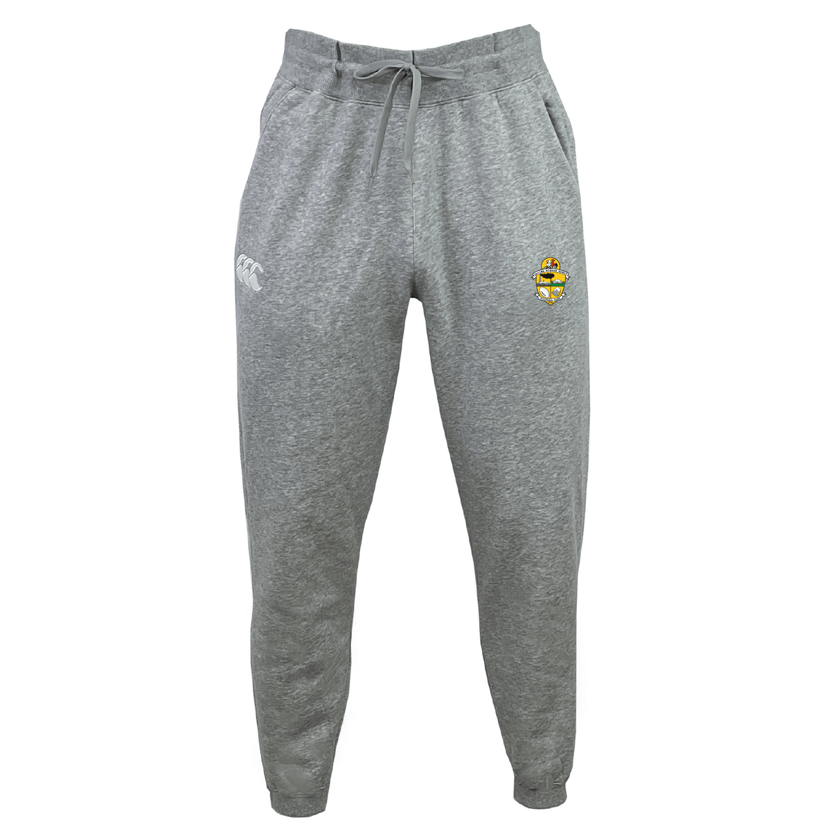 The Tacoma Rugby Leisure Sweatpant by EMB Canterbury is made from organic cotton, featuring a drawstring waist and a small embroidered logo on the left thigh.