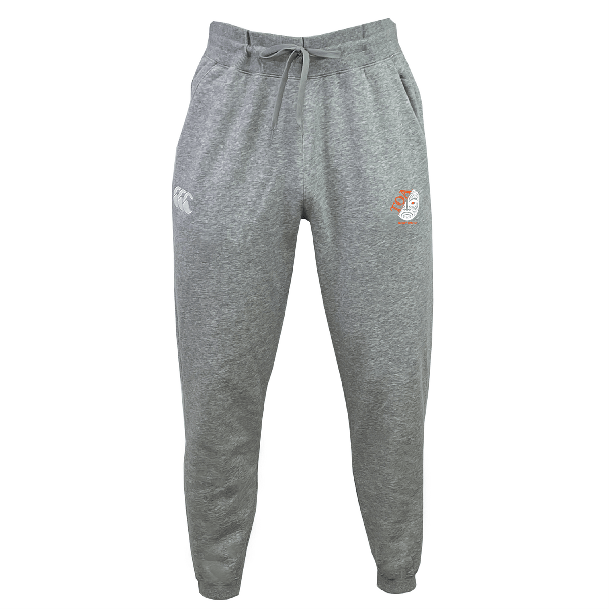 The Toa Rugby Idaho Leisure Sweatpant by EMB Canterbury features logo prints on the front and is made from recycled polyester fleece. It includes an elastic waistband and drawstring for comfort.