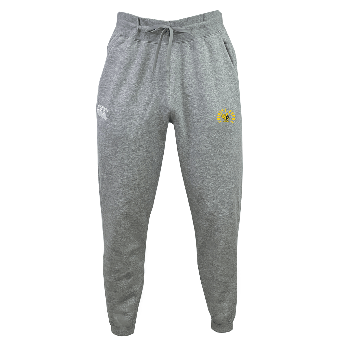 Made from recycled polyester fleece, the Trinity College Leisure Sweatpant by EMB Canterbury comes in gray and features a drawstring waist. It showcases both a white logo on the left hip and a yellow emblem on the right.