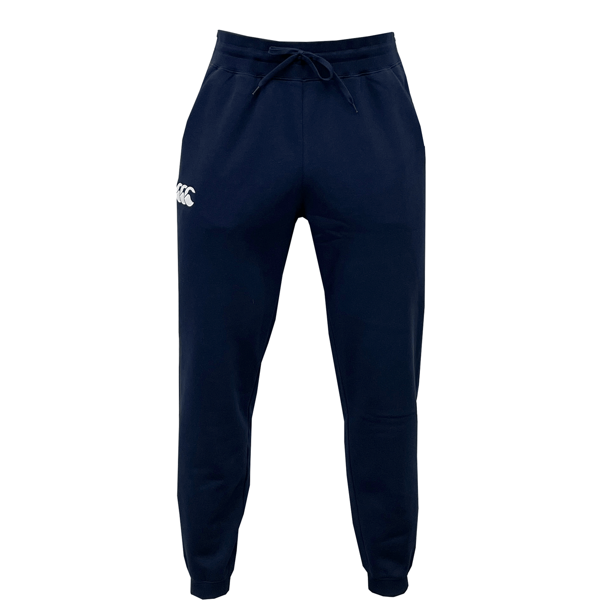 The Canterbury Leisure Sweatpant by Canterbury comes in navy blue and features an elastic waistband, drawstring, and pockets. Crafted from a sustainable blend, these athletic pants have a logo printed on the left thigh.